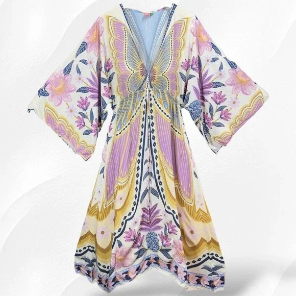 Farm Rio Butterfly Floral Print Kimono Sleeve Dress Bohemian Style - Picture 3 of 10